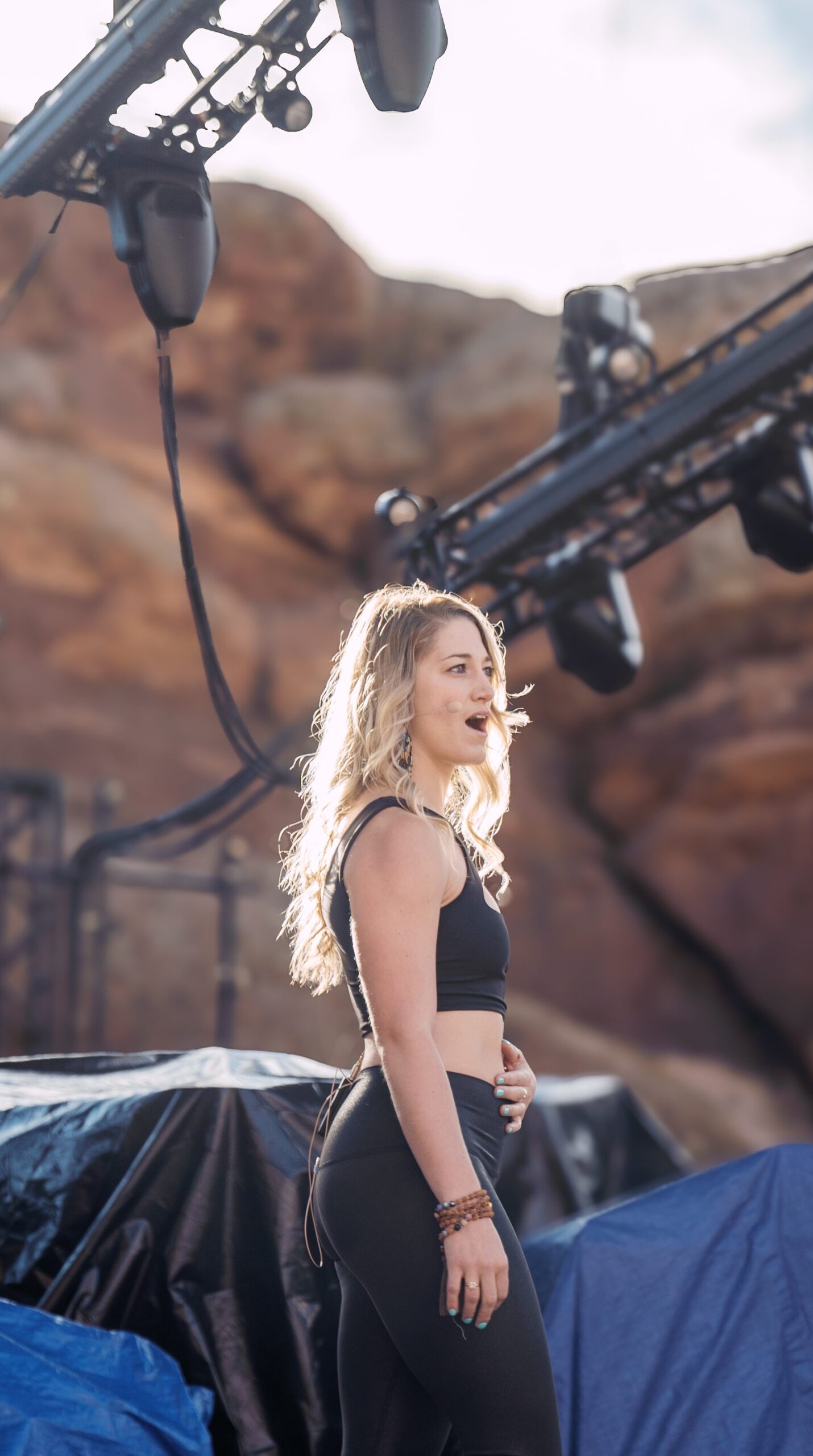 Makayla Maniscalco leading yoga and breathwork at Red Rocks in Colorado